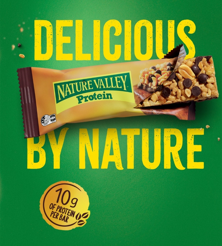 banner with 10G of Protein title and open wrapper of Nature Valley Protein bars